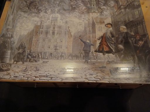 Historic scene depicting a busy street with people and buildings in the background.